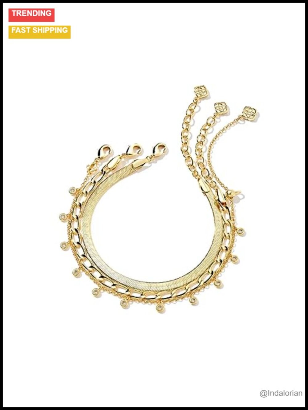 Kassie Set of 3 Chain Bracelets Gold Plated Herringbone Paperclip Crystal Charm